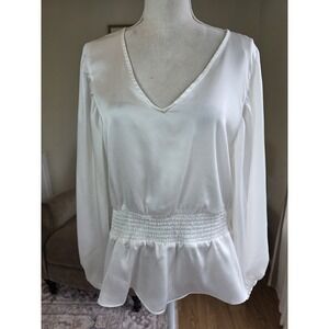 Chaus Peplum Top Size XL White Career Blouse Long Sleeve Satin V Neck